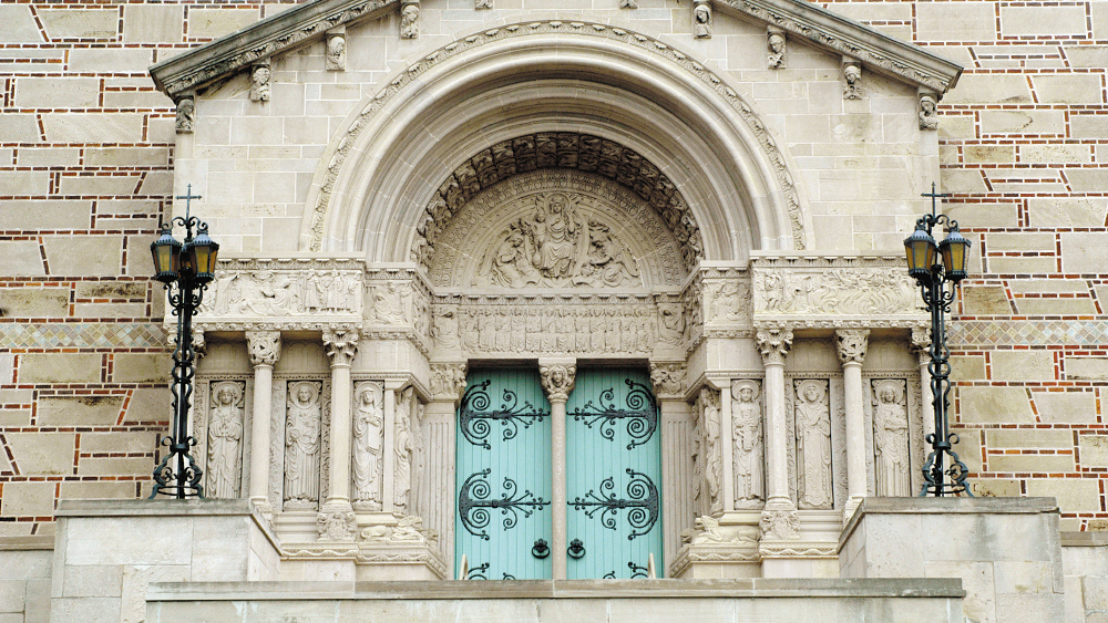 Iconic turquoise doors of Our Lady of Victory Chapel
