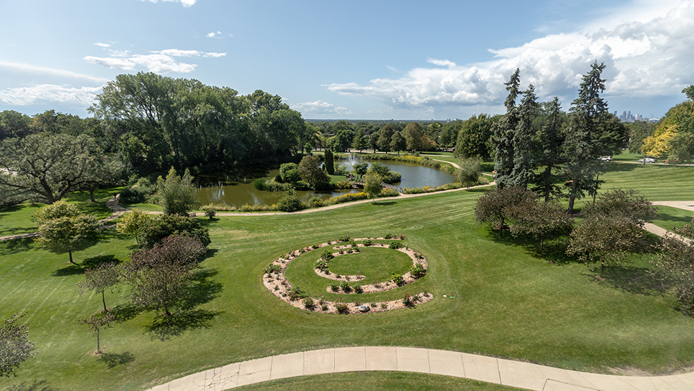 Rose garden in front of Dew Drop Pond