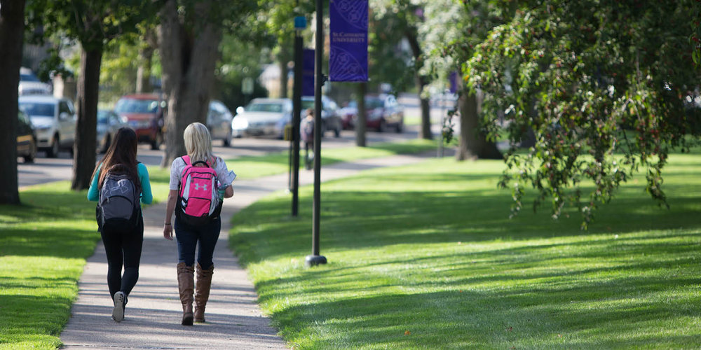 Two students walking away through the quad in Spring.