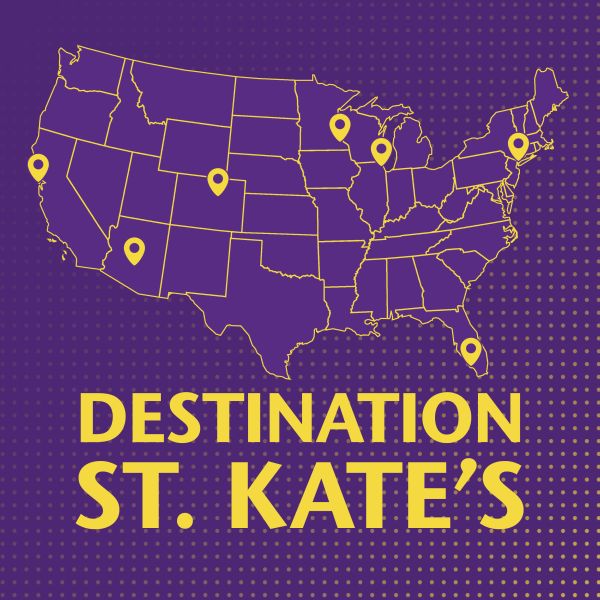 Purple U.S. map with yellow location pins highlighting various regions and the text “Destination St. Kate’s” in bold yellow letters below the map.